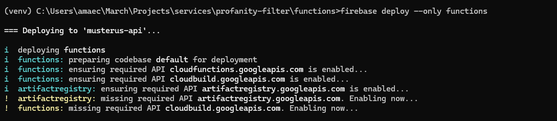 Terminal output showing function deployment process